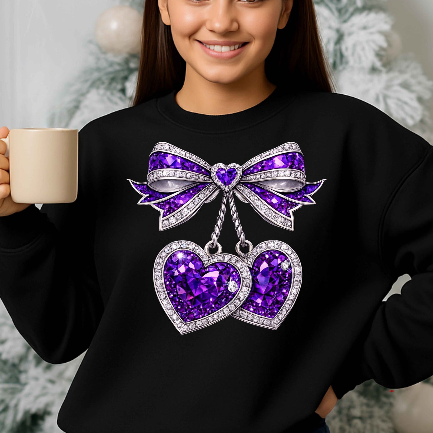 TWO RHINESTONE HEARTS HANGING FROM A BOW  Crewneck Pullover Sweatshirt