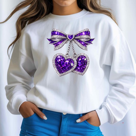 TWO RHINESTONE HEARTS HANGING FROM A BOW  Crewneck Pullover Sweatshirt