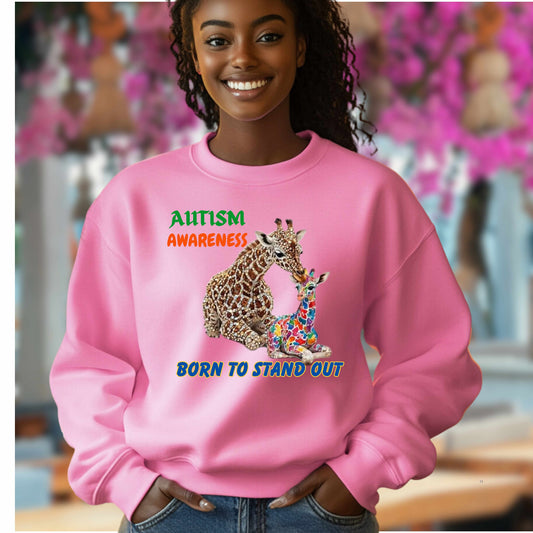 AUTISM AWARENESS GIRAFFE BORN TO STAND OUT Crewneck Pullover Sweatshirt