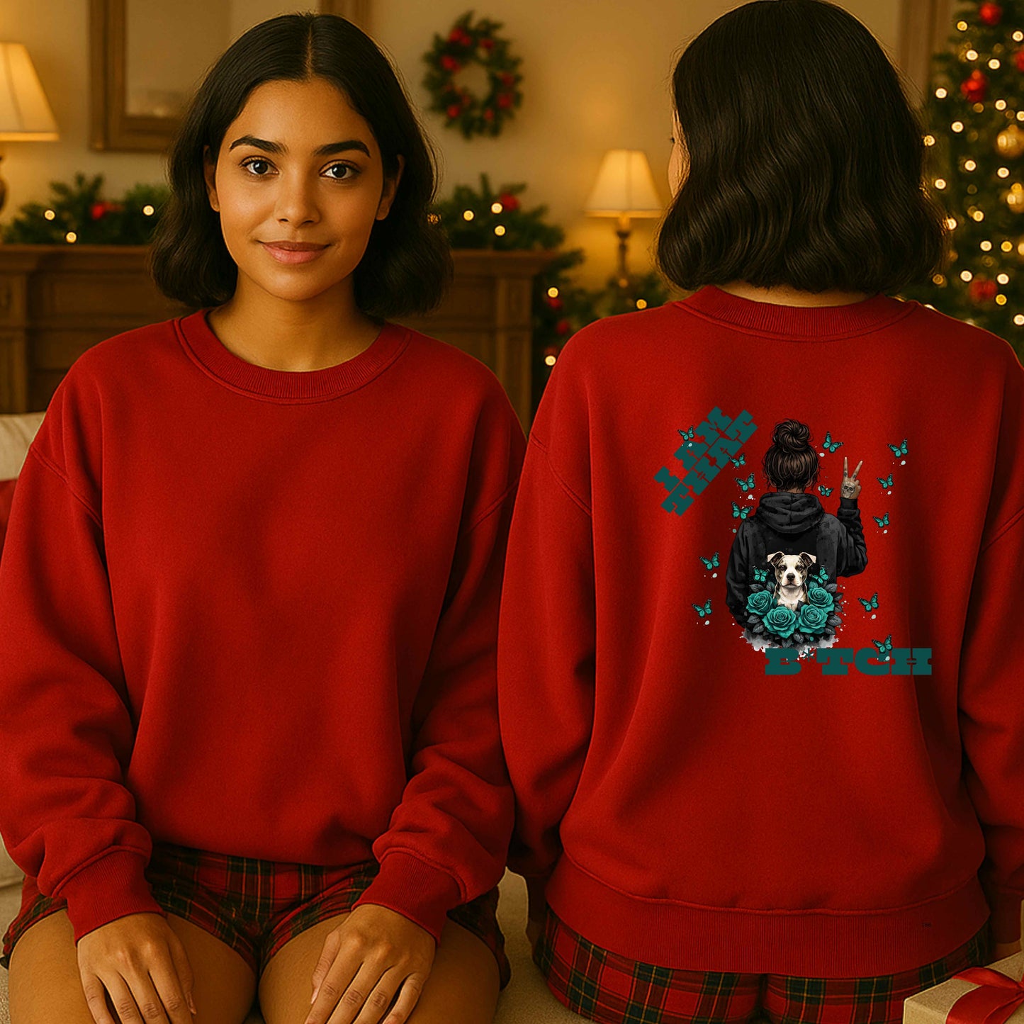 AFRICAN AMERICAN LADY WITH A FEMALE DOG AND FLOWERS ON A SHIRT AND SHE IS HOLDING UP PEACE SIGN  BACK OF SHIRT. Crewneck Pullover Sweatshirt