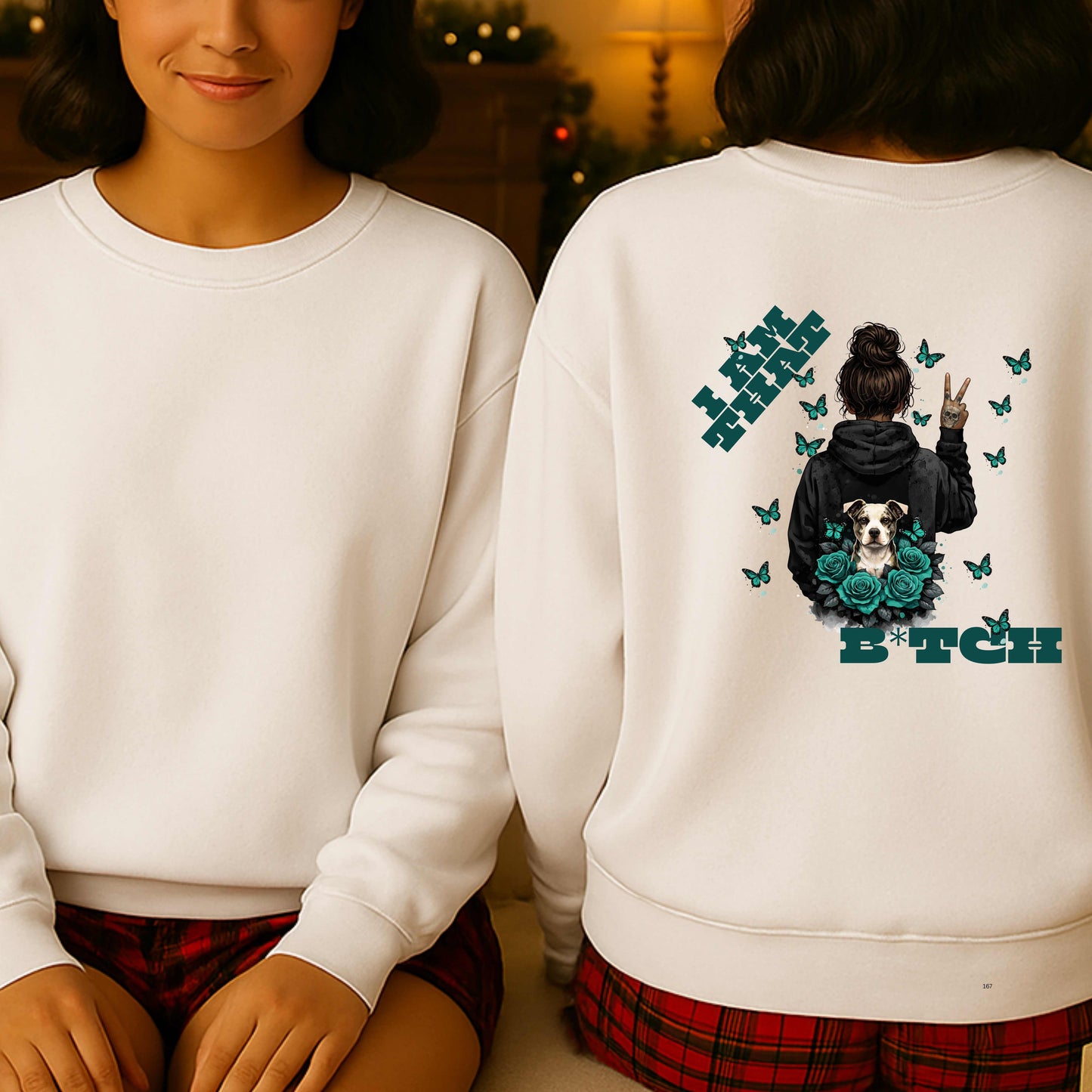 AFRICAN AMERICAN LADY WITH A FEMALE DOG AND FLOWERS ON A SHIRT AND SHE IS HOLDING UP PEACE SIGN  BACK OF SHIRT. Crewneck Pullover Sweatshirt