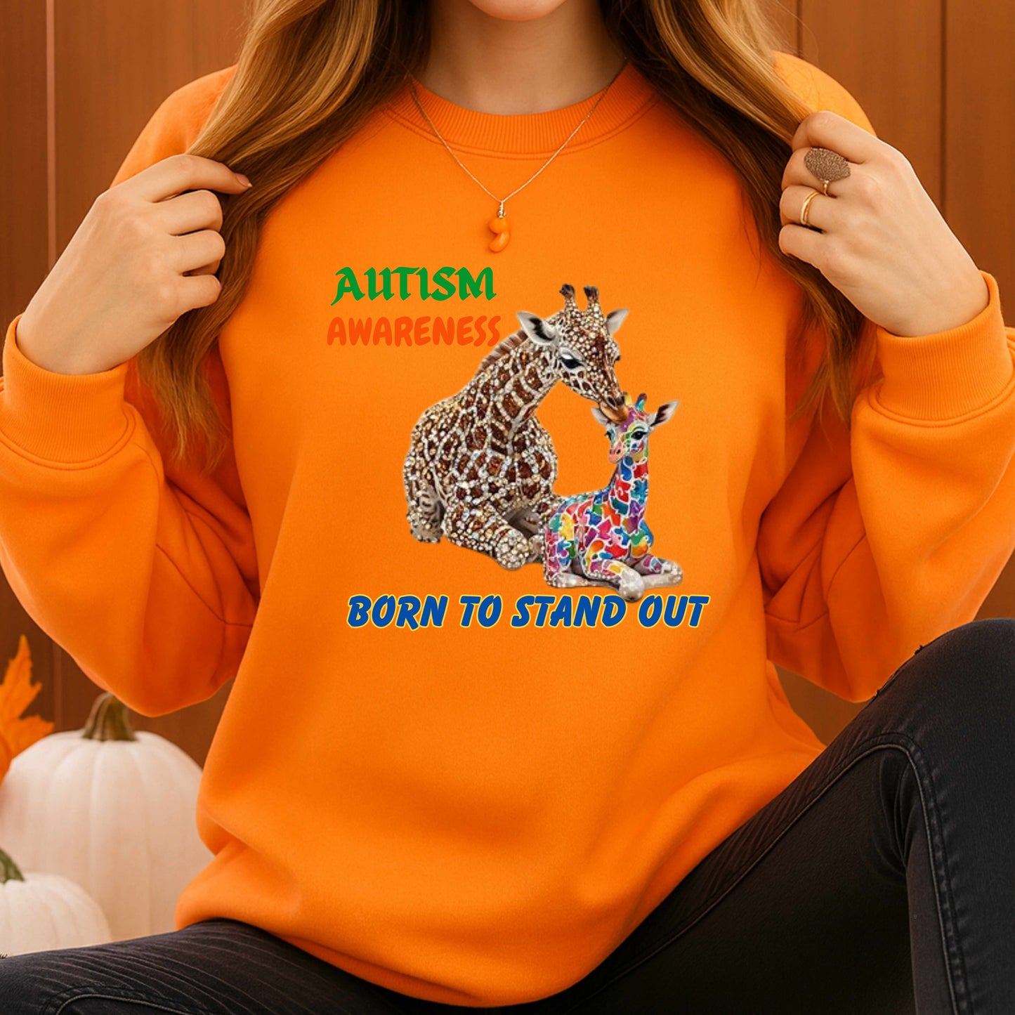 AUTISM AWARENESS GIRAFFE BORN TO STAND OUT Crewneck Pullover Sweatshirt