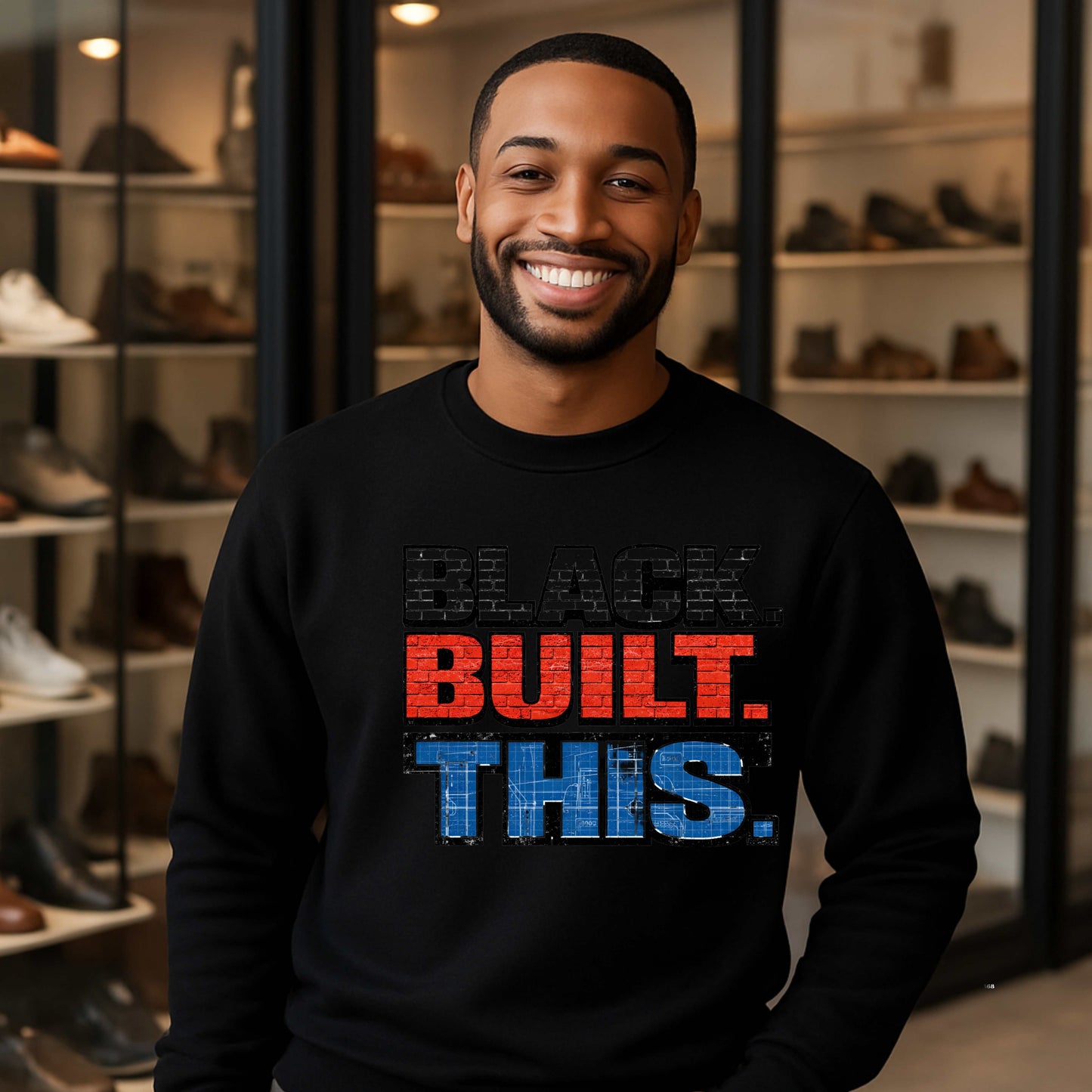 BLACK BUILT THIS.   Crewneck Pullover Sweatshirt