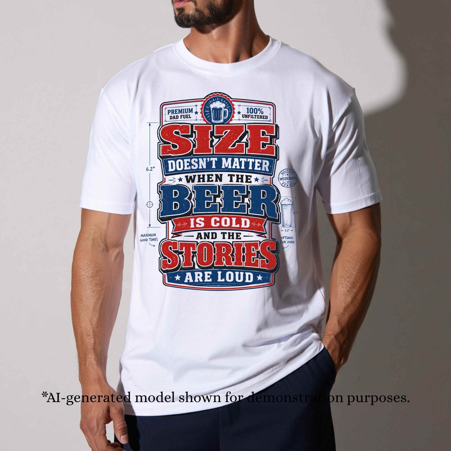 SIZE DOESN'T MATTER WHEN BEER IS COLD AND STORIES ARE LOUD.   T-Shirt