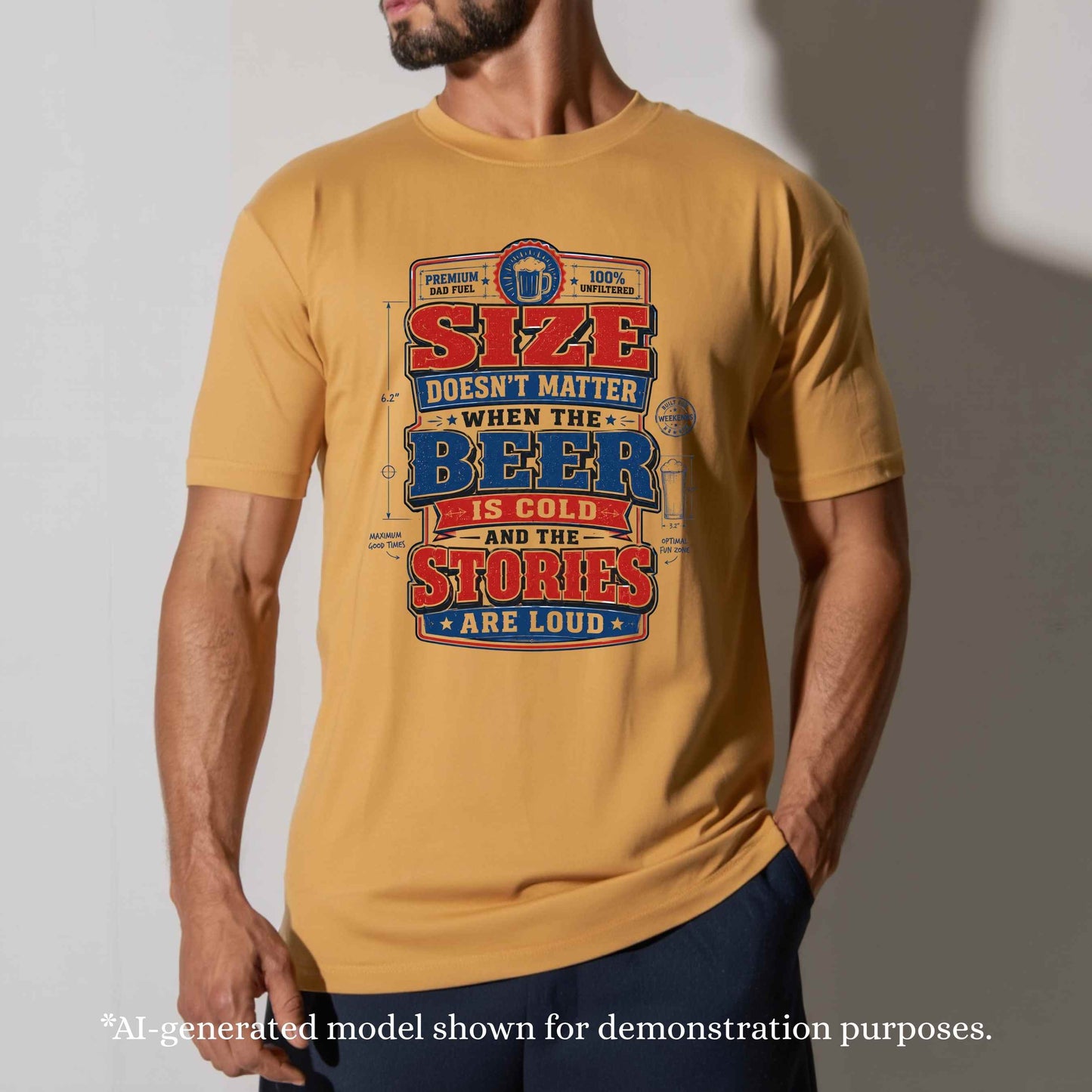 SIZE DOESN'T MATTER WHEN BEER IS COLD AND STORIES ARE LOUD.   T-Shirt