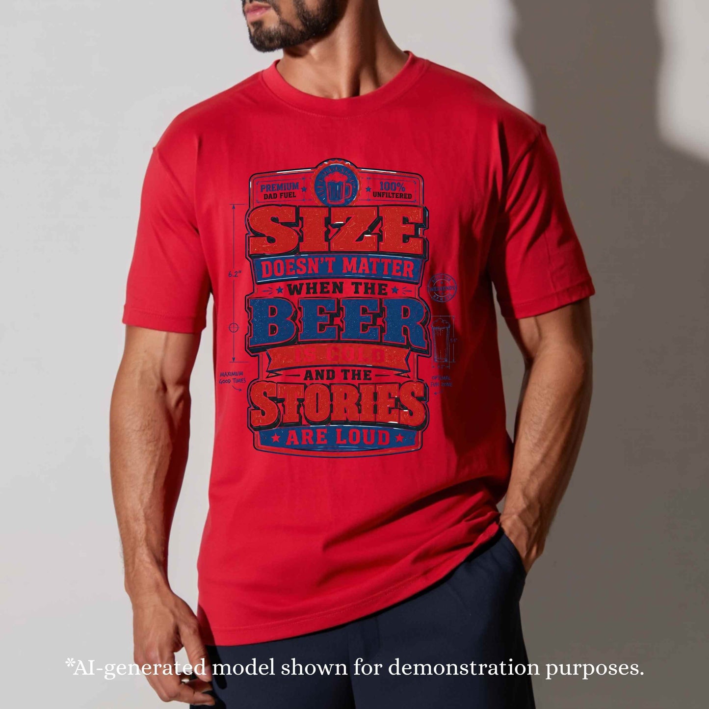 SIZE DOESN'T MATTER WHEN BEER IS COLD AND STORIES ARE LOUD.   T-Shirt
