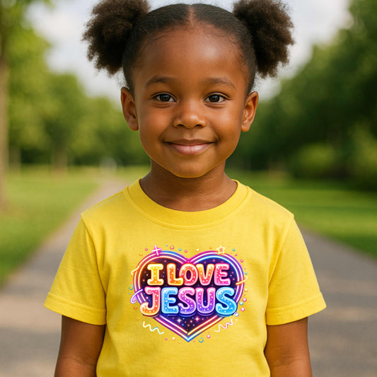 BRIGHT NEON I LOVE JESUS IN A HEART   Youth 5.3 oz 100% Cotton T-Shirt