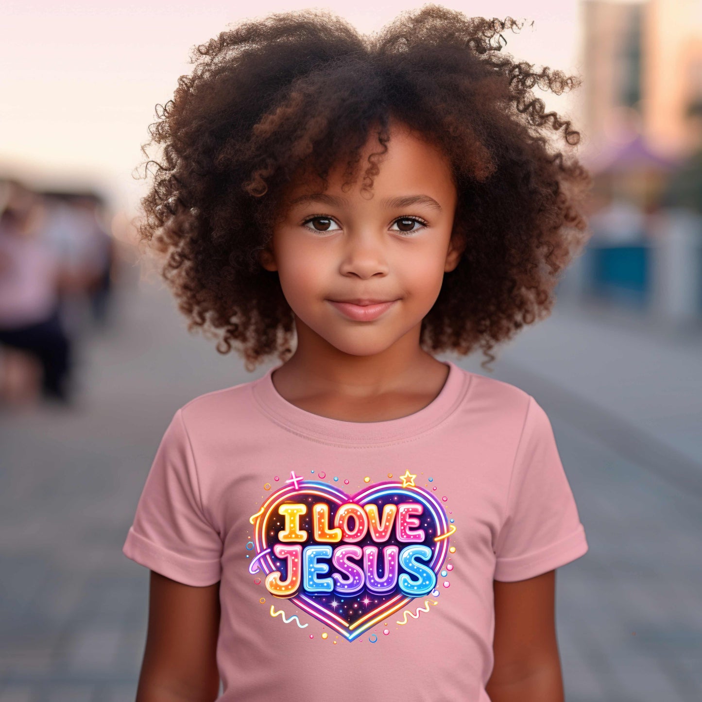 BRIGHT NEON I LOVE JESUS IN A HEART   Youth 5.3 oz 100% Cotton T-Shirt