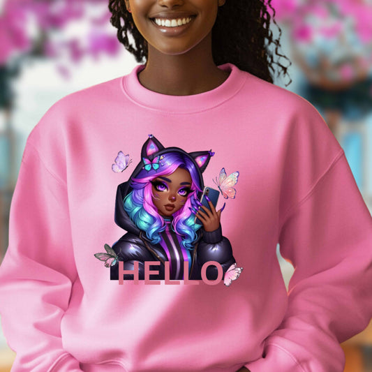 Hello girl with cat ear, cell phone and butterflies. T-Shirt