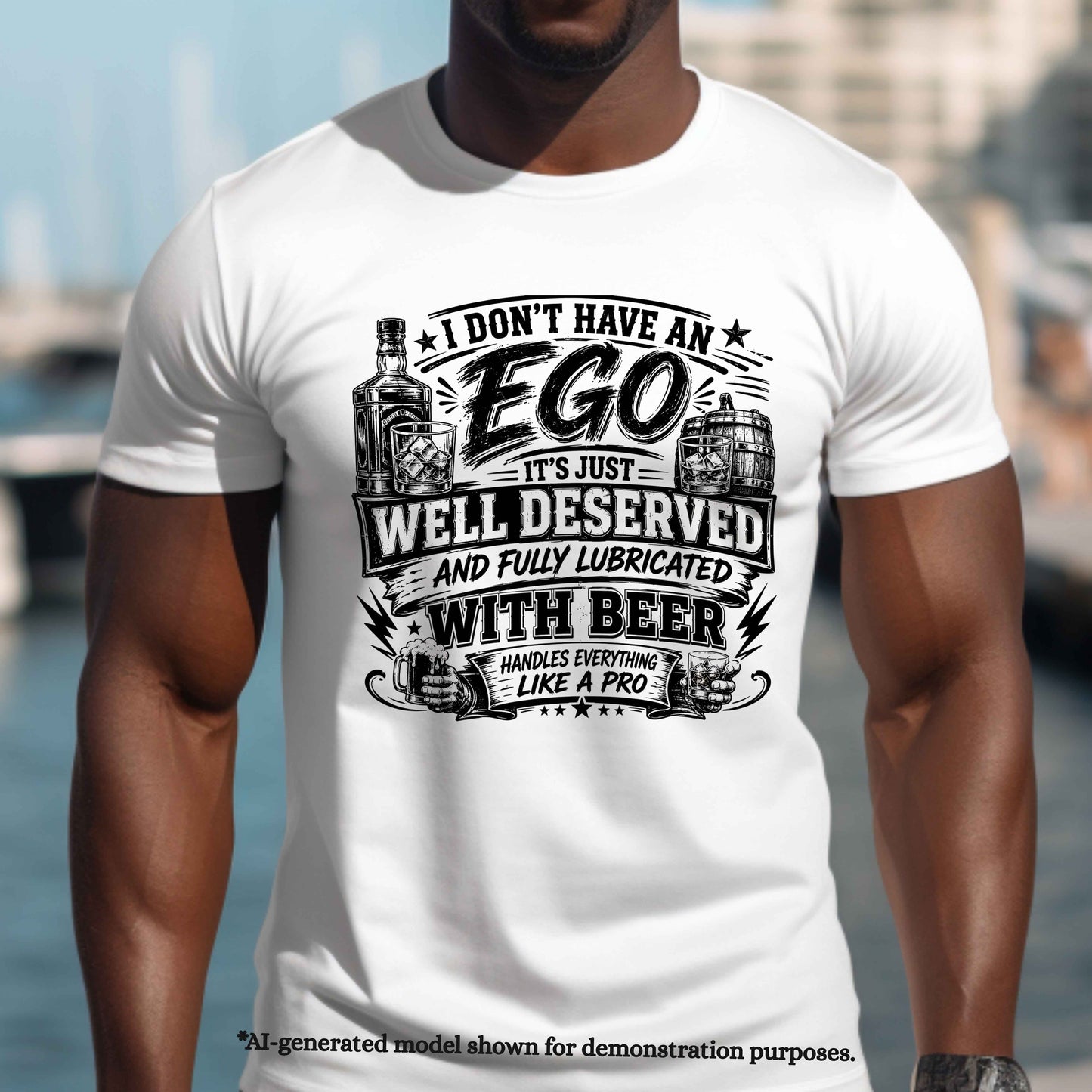 I DON'T HAVE A EGO ITS JUST WELL DESERVED AND FULLY LUBRICATED WITH BEER. T-Shirt