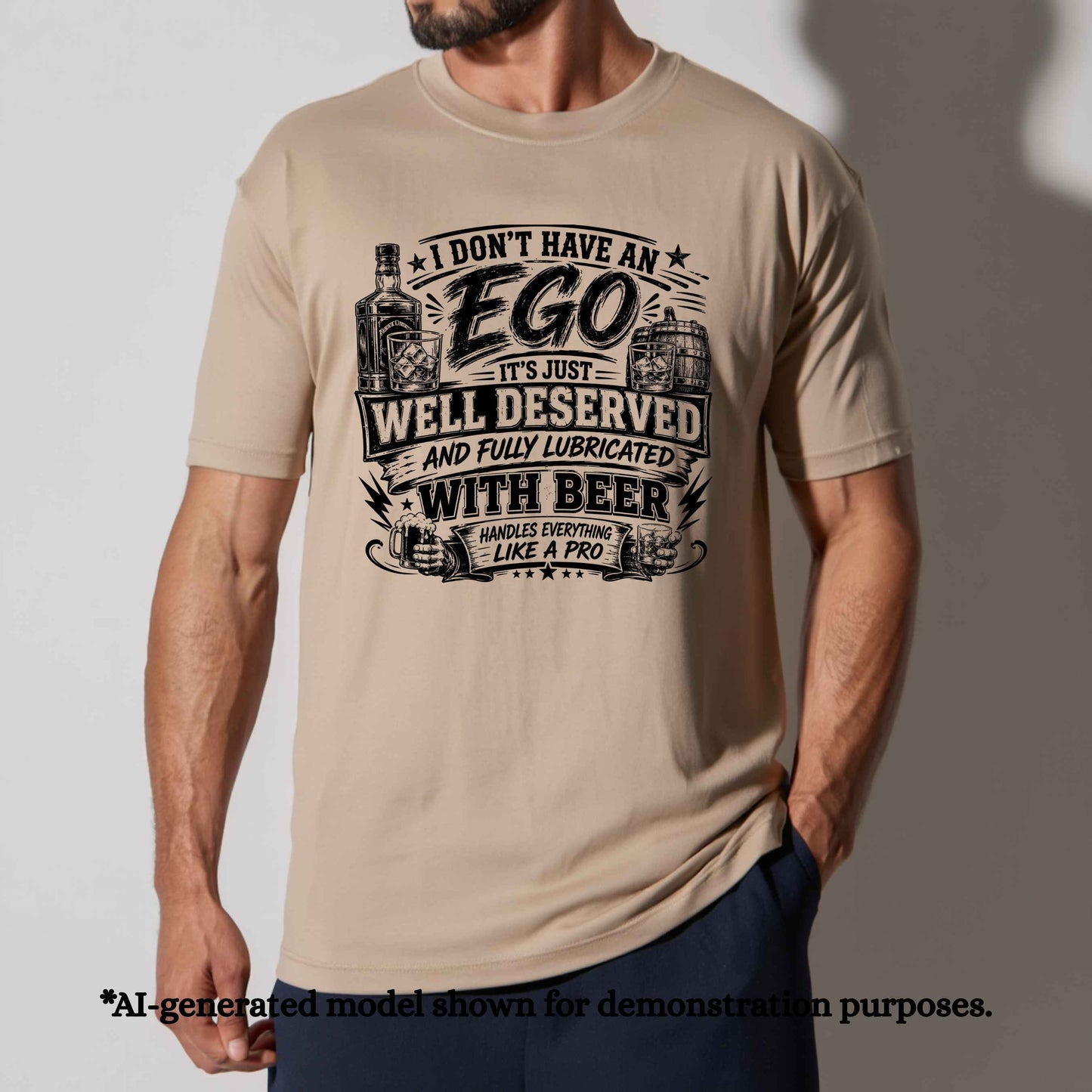 I DON'T HAVE A EGO ITS JUST WELL DESERVED AND FULLY LUBRICATED WITH BEER. T-Shirt