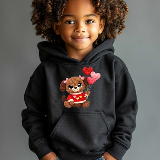 FAUX CROCHET VALENTINES DAY PUPPY Youth Pullover Hoodie