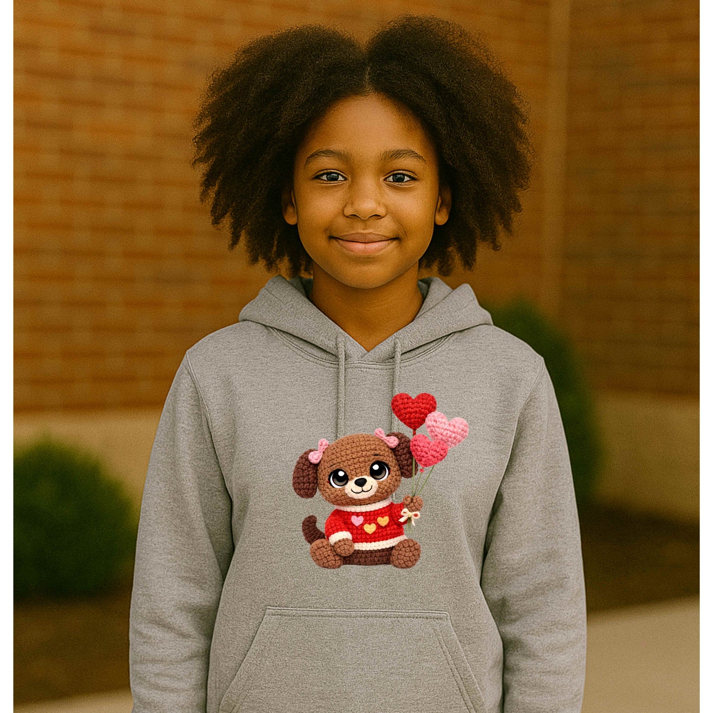 FAUX CROCHET VALENTINES DAY PUPPY Youth Pullover Hoodie