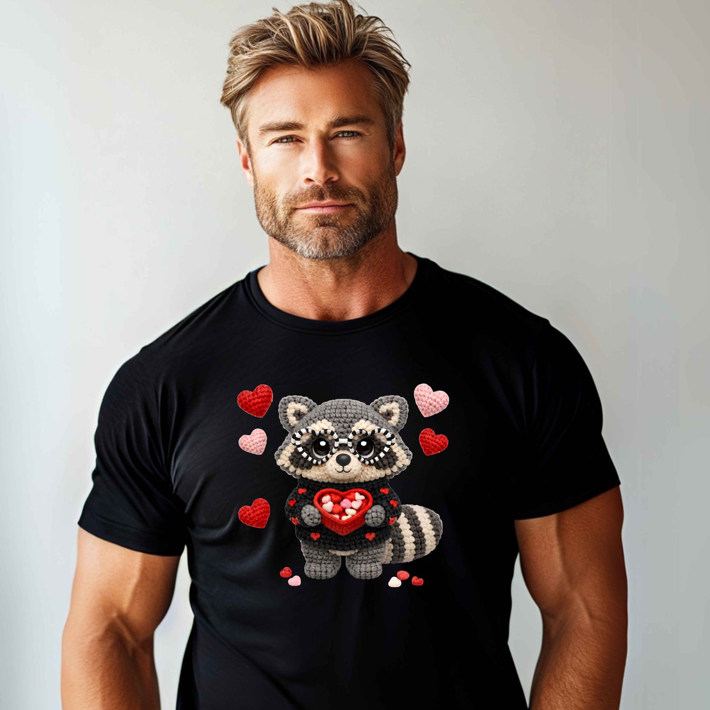 FAUX CROCHET VALENTINES DAY RACCOON WITH CANDY. T-Shirt