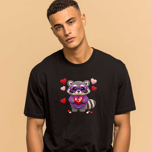 FAUX CROCHET VALENTINES DAY RACCOON WITH CANDY. T-Shirt