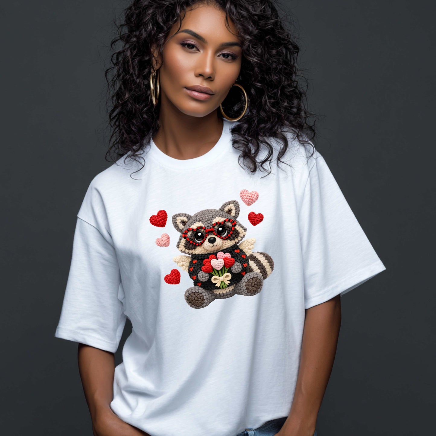FAUX CROCHET VALENTINES DAY RACCOON WITH CANDY. T-Shirt