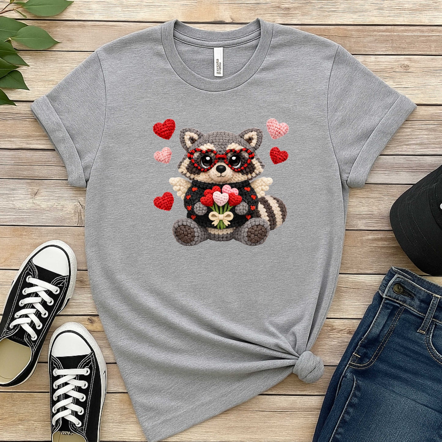 FAUX CROCHET VALENTINES DAY RACCOON WITH CANDY. T-Shirt