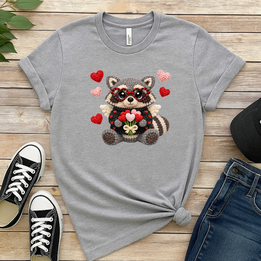 FAUX CROCHET VALENTINES DAY RACCOON WITH CANDY. T-Shirt
