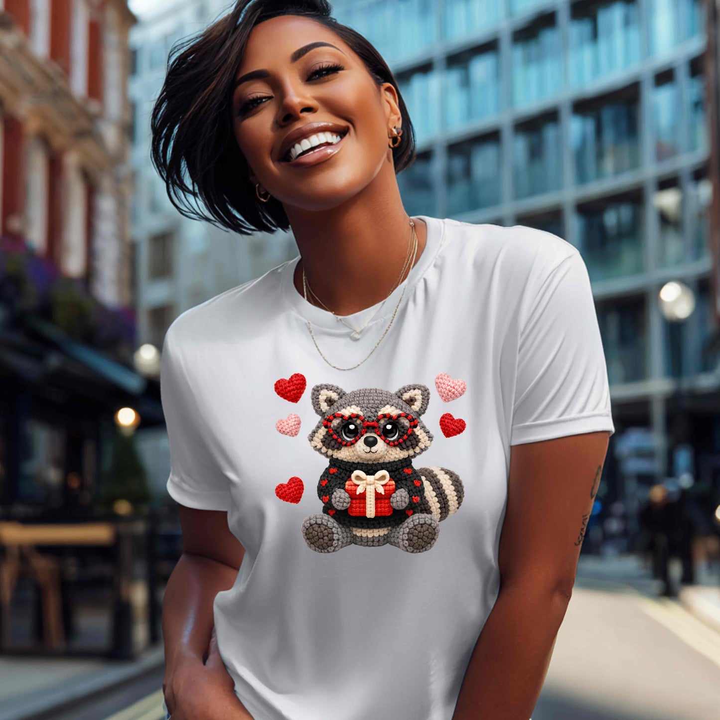 FAUX CROCHET VALENTINES DAY RACCOON WITH PRESENT. T-Shirt