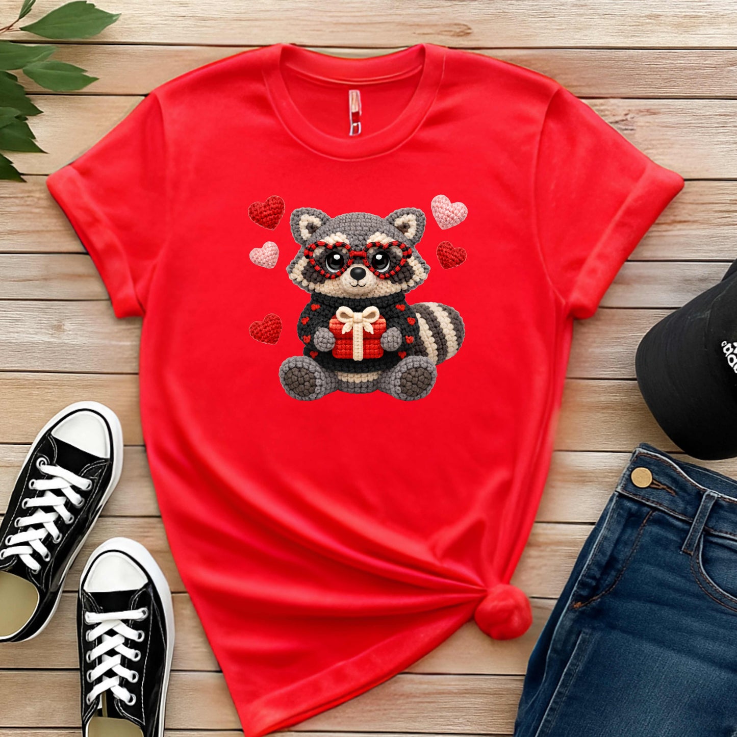 FAUX CROCHET VALENTINES DAY RACCOON WITH PRESENT. T-Shirt