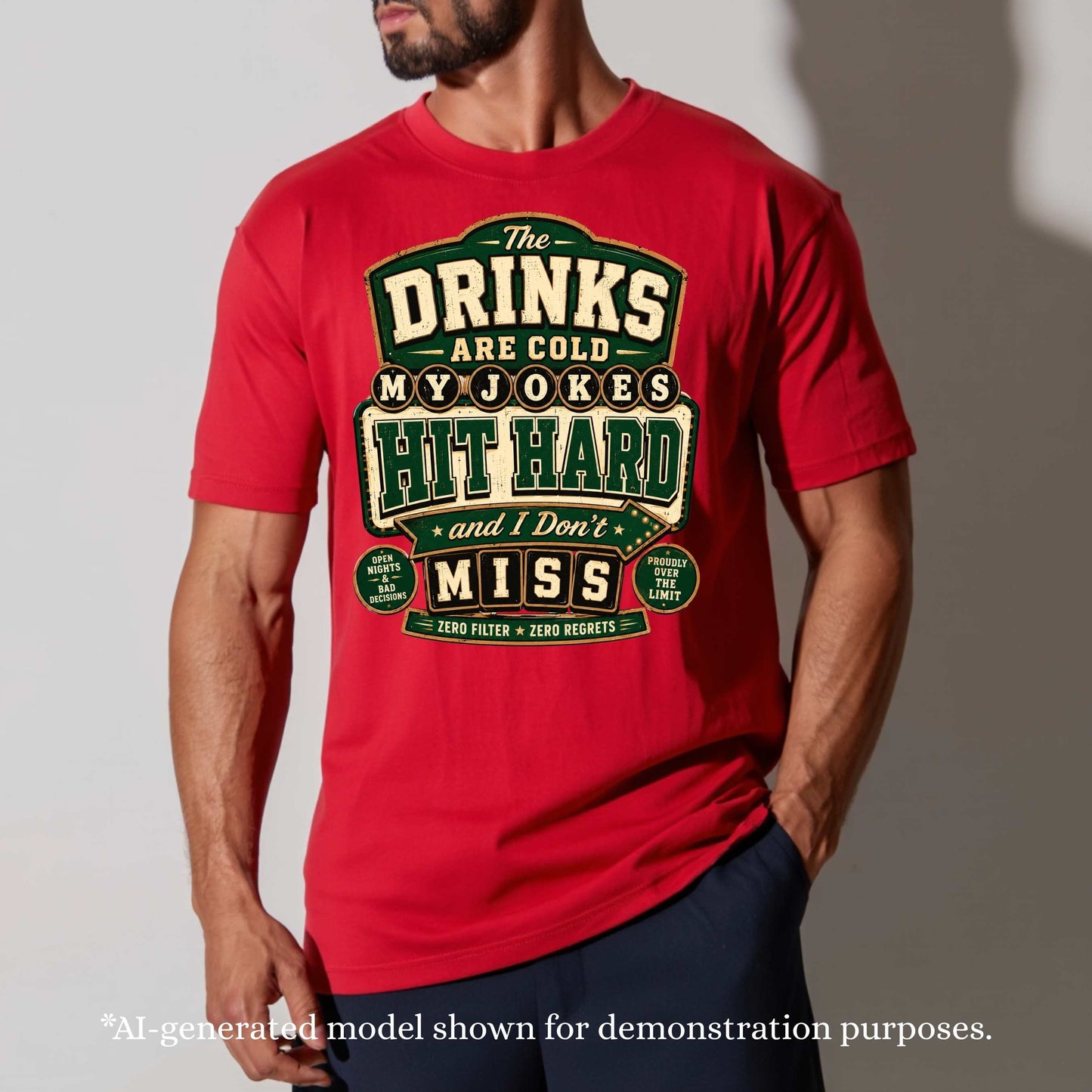 THE DRINKS ARE COLD MY JOKES HIT HARD AND I DON'T MISS. T-Shirt
