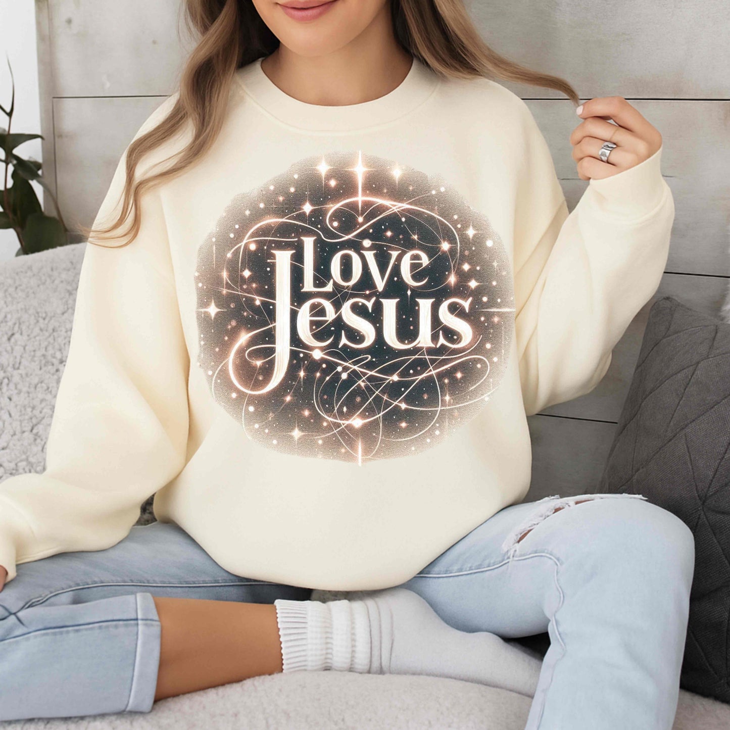 LOVE JESUS . Gildan Crewneck Pullover Sweatshirt