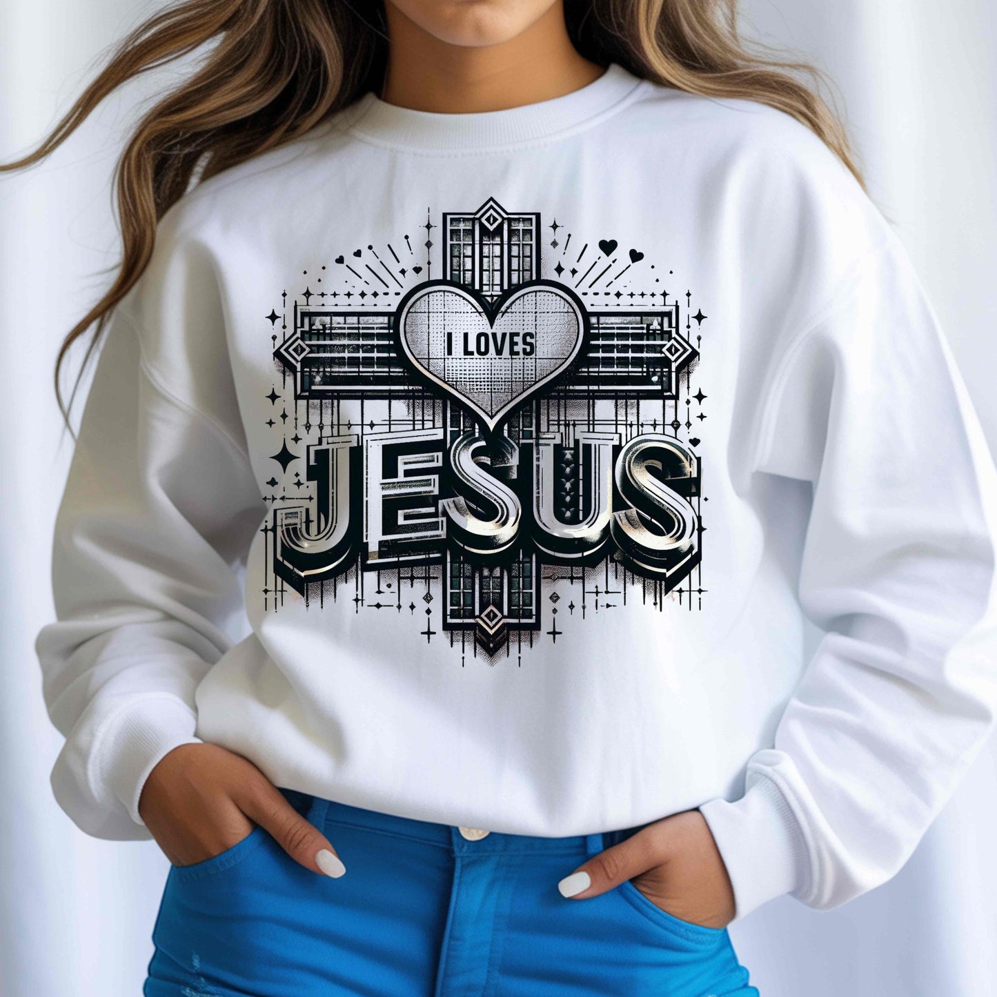I OVE JESUS WITH HEART IN A CROSS  Crewneck Pullover Sweatshirt