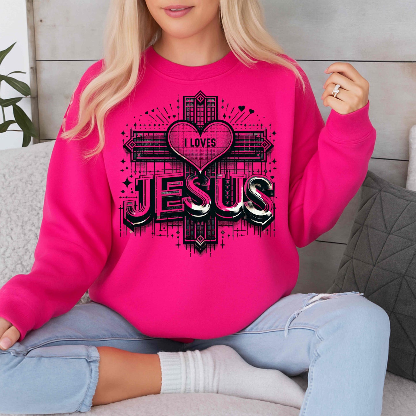 I OVE JESUS WITH HEART IN A CROSS  Crewneck Pullover Sweatshirt