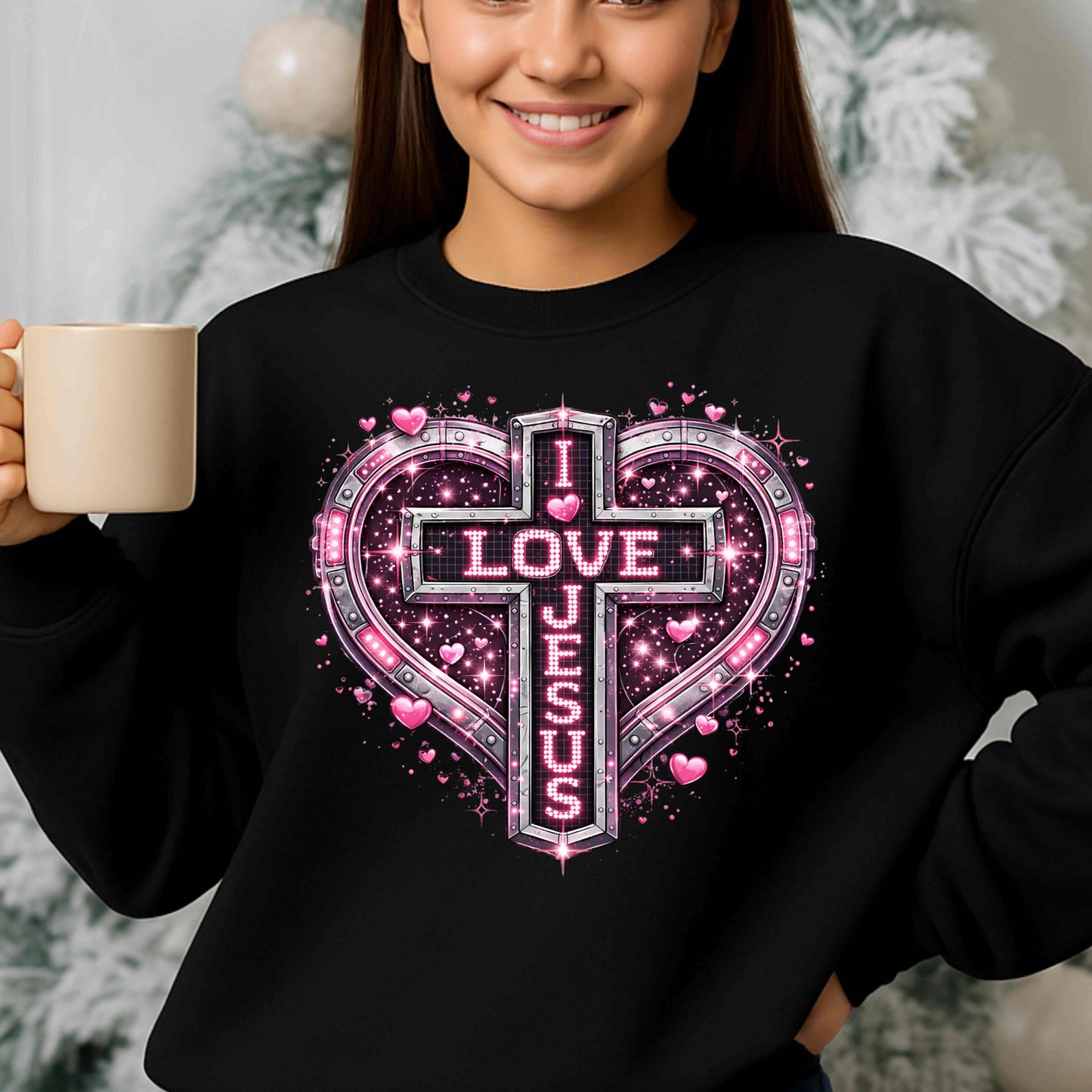 I LOVE JESUS PINK HEARTS AND A CROSS.   Crewneck Pullover Sweatshirt