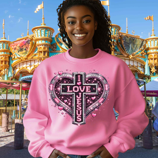 I LOVE JESUS PINK HEARTS AND A CROSS.   Crewneck Pullover Sweatshirt