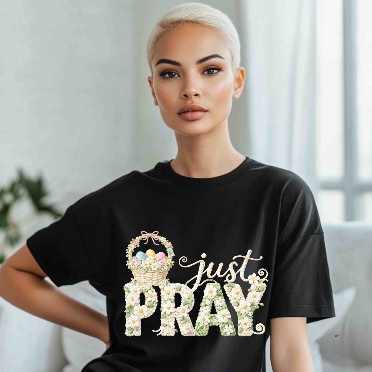JUST PRAY FLOWERED EASTER BASKET. T-Shirt