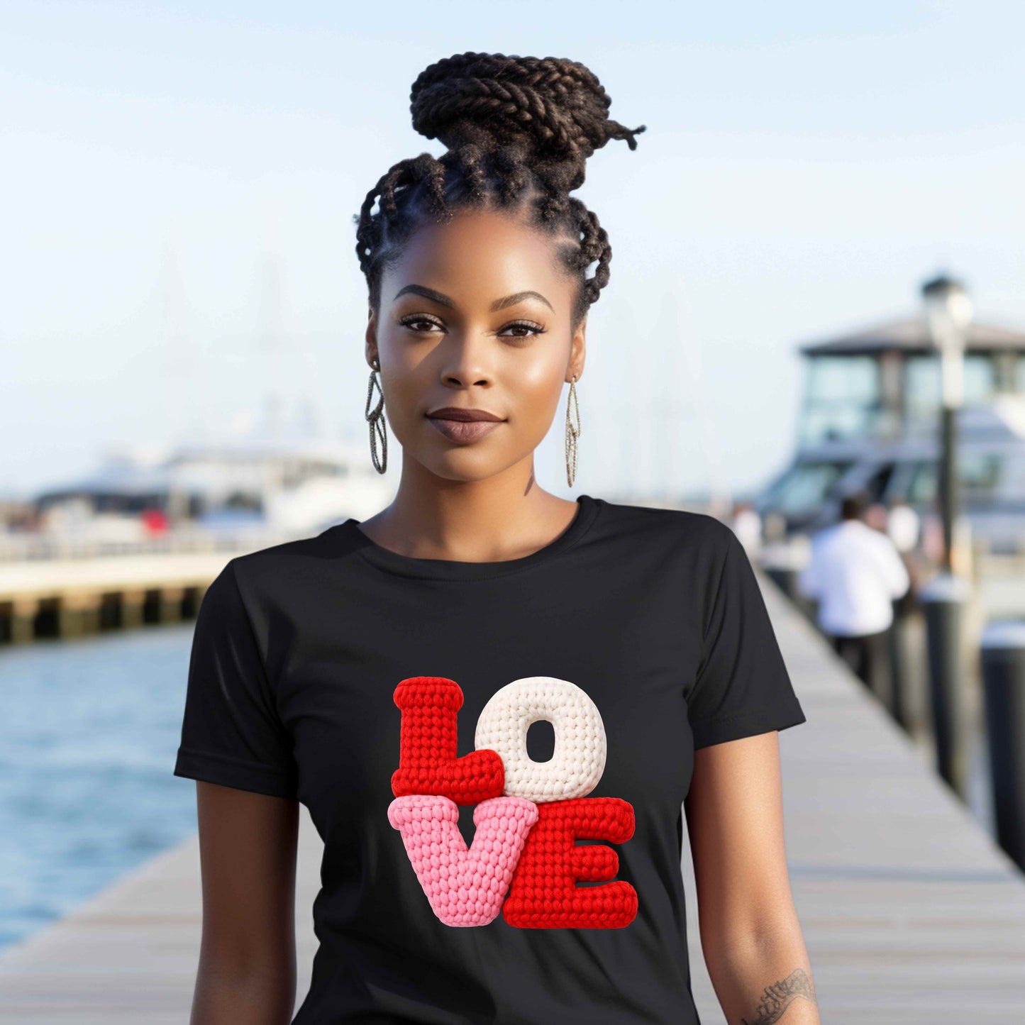 PINK,WHITE AND RED LOVE THICK CROCHET LOOK  . T-Shirt