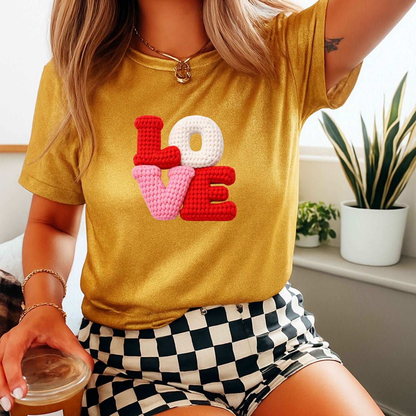 PINK,WHITE AND RED LOVE THICK CROCHET LOOK  . T-Shirt