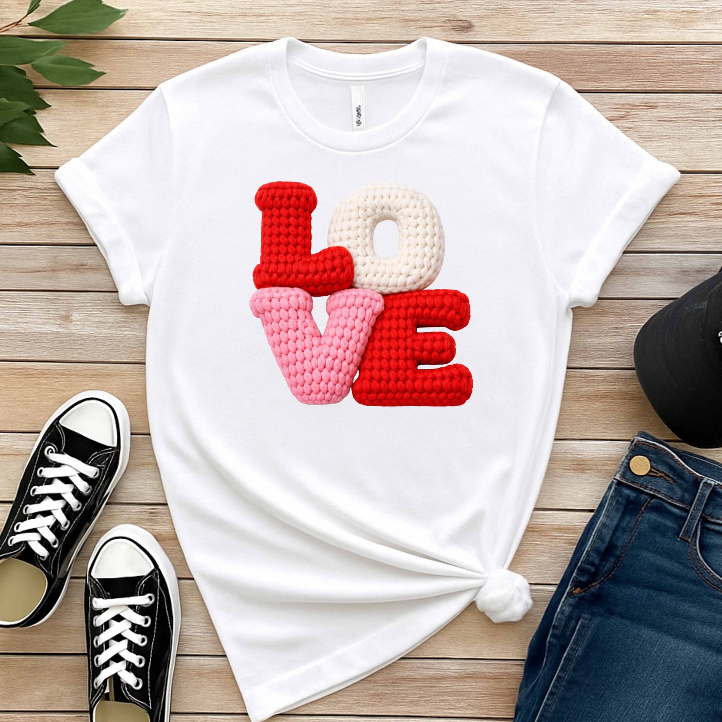 PINK,WHITE AND RED LOVE THICK CROCHET LOOK  . T-Shirt