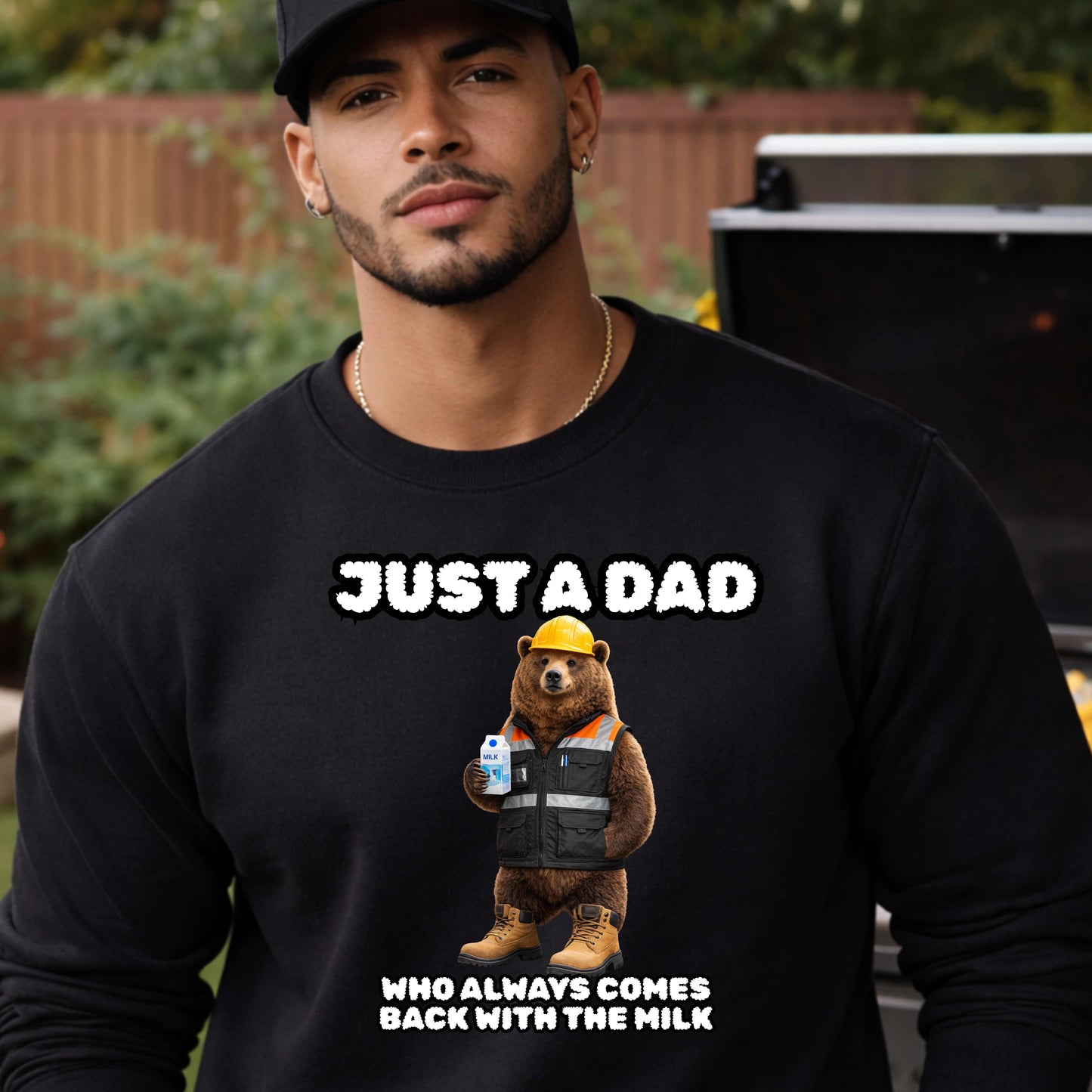 JUST A DAD WHO ALWAYS COMES BACK WITH THE MILK, Crewneck Pullover Sweatshirt