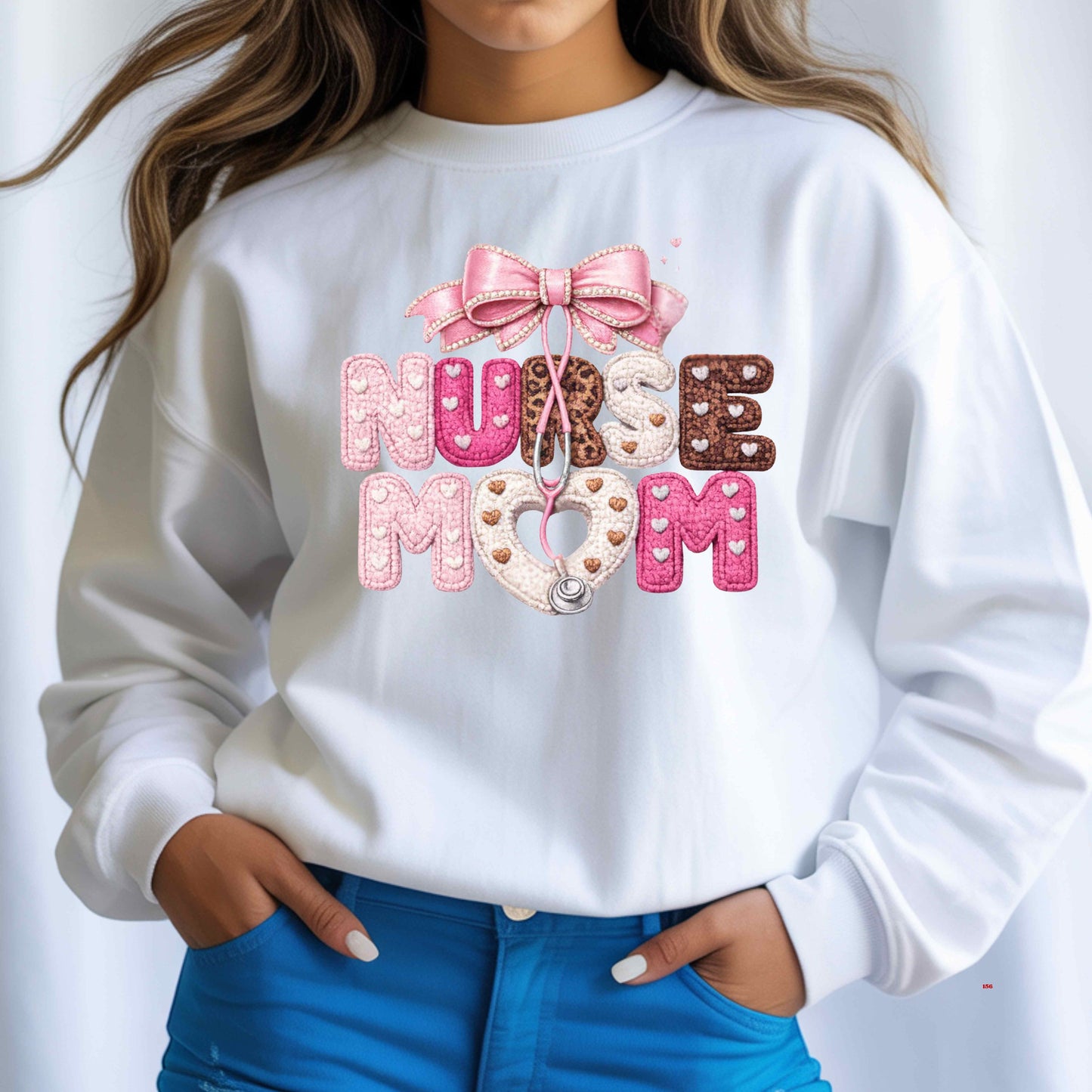 NURSE MOM WITH BOW   Crewneck Pullover Sweatshirt