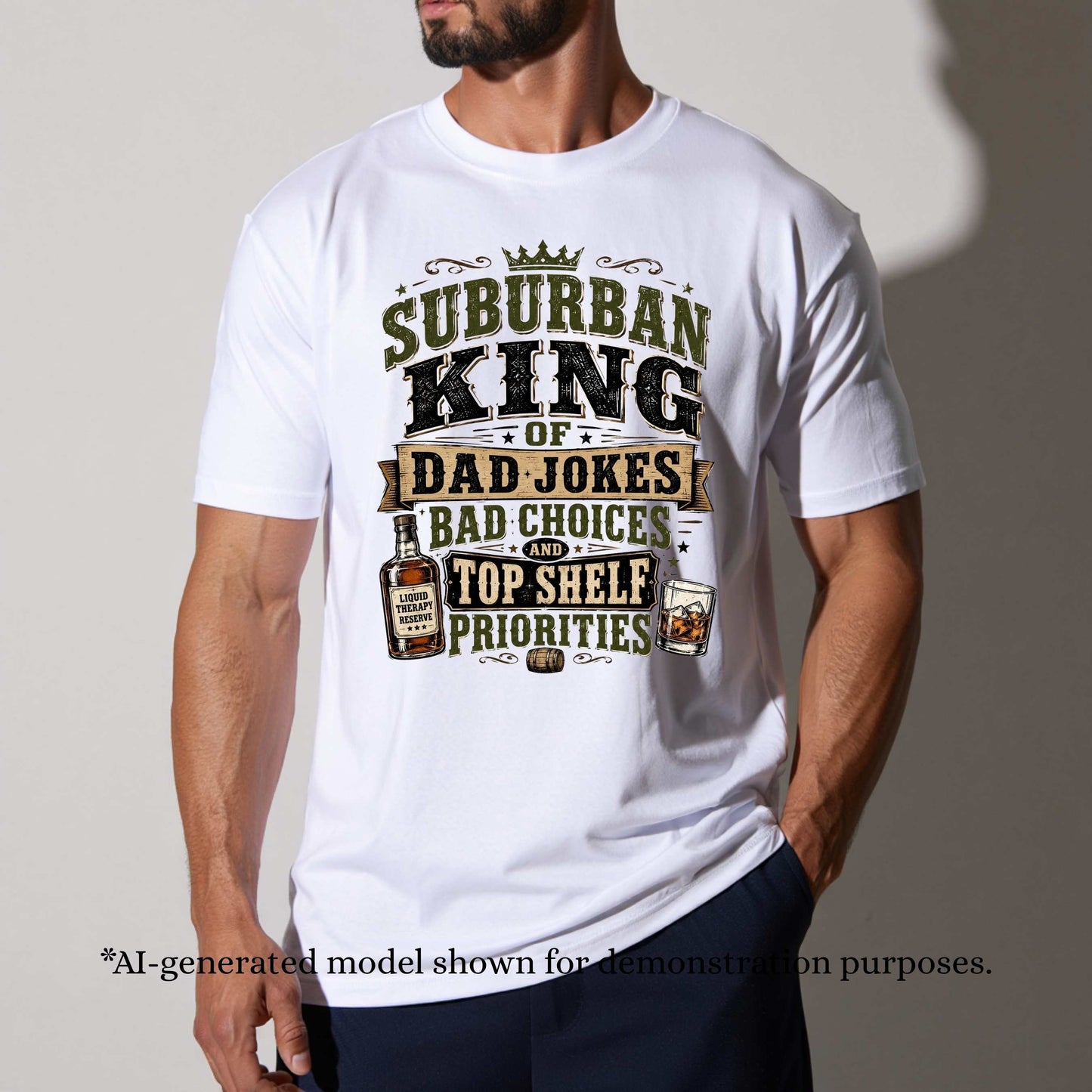 SUBURBAN KING OF DAD JOKES AND TOP SHELF PRIORITIES.T-Shirt