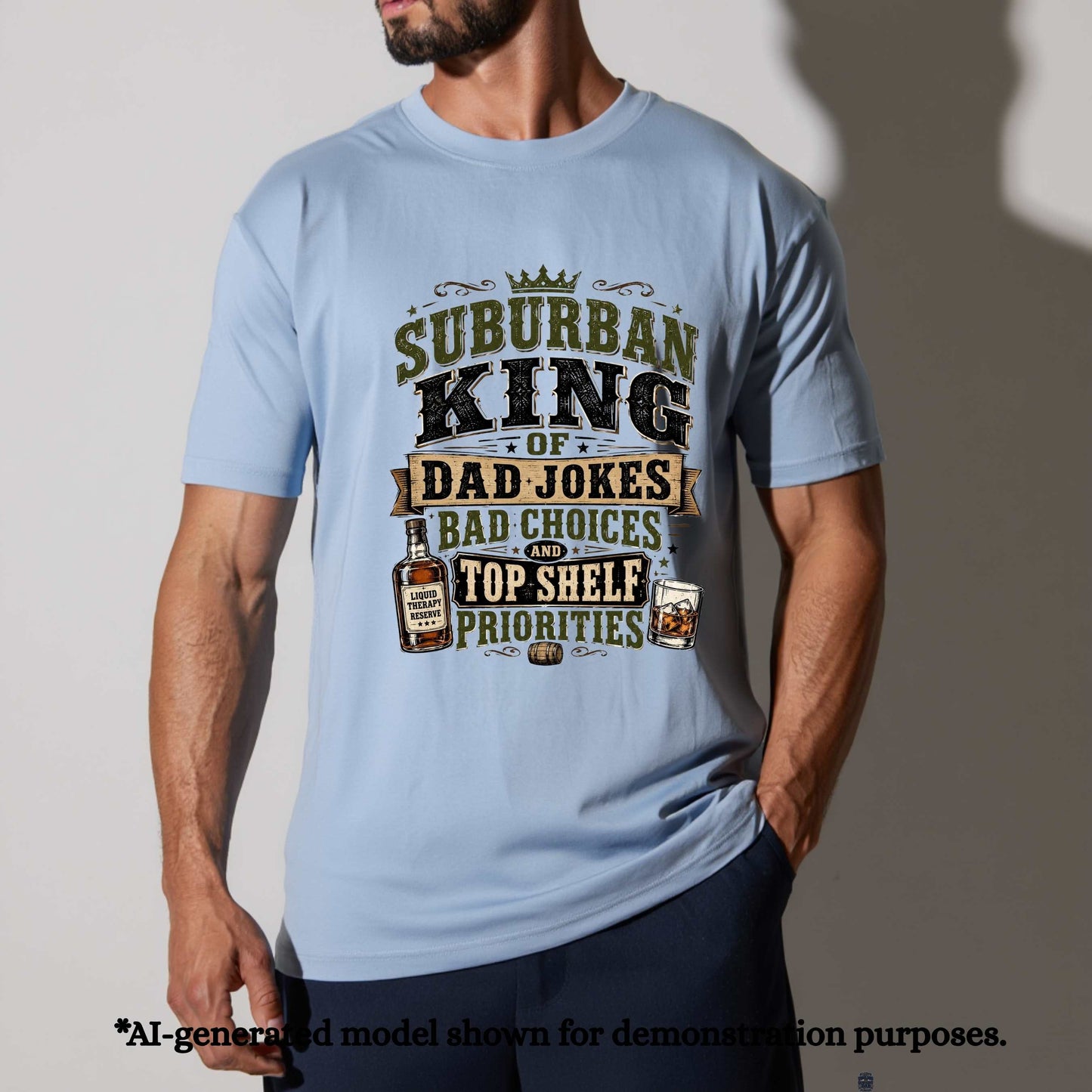 SUBURBAN KING OF DAD JOKES AND TOP SHELF PRIORITIES.T-Shirt