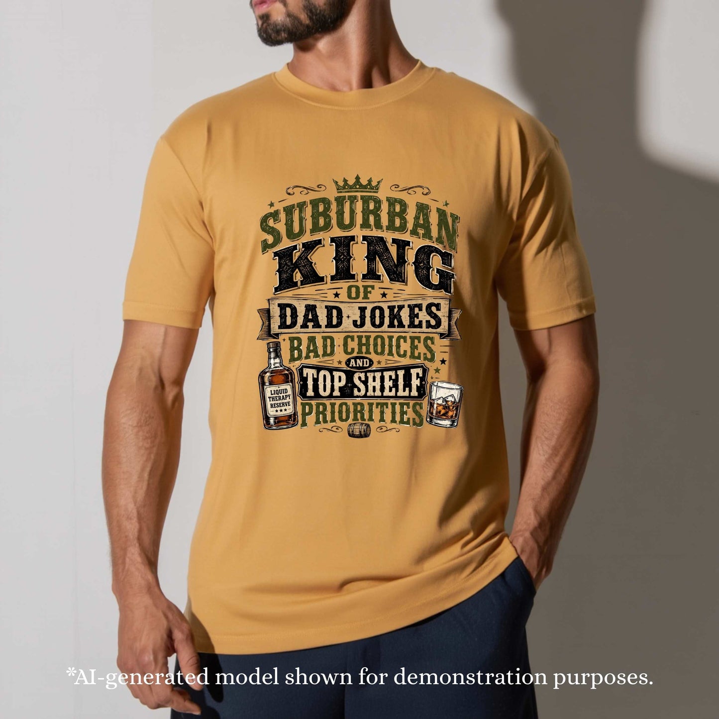 SUBURBAN KING OF DAD JOKES AND TOP SHELF PRIORITIES.T-Shirt