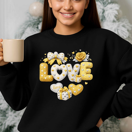 VALENTINES FAUX CROCHET LOVE   Crewneck Pullover Sweatshirt