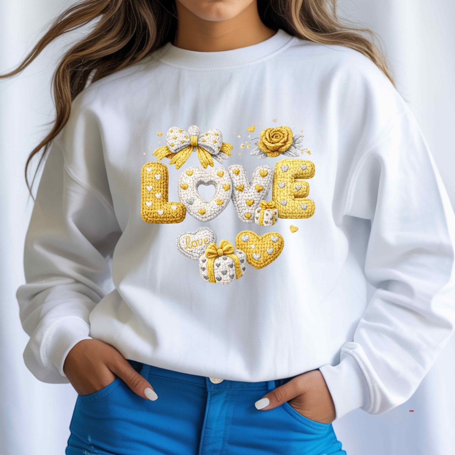 VALENTINES FAUX CROCHET LOVE   Crewneck Pullover Sweatshirt