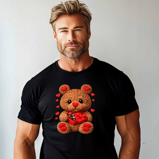 brown faux crochet teddy bear with box of candy. T-Shirt