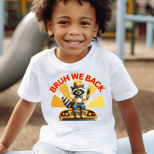 Racoon sitting on a bus, Bruh we back.   100% Cotton T-Shirt