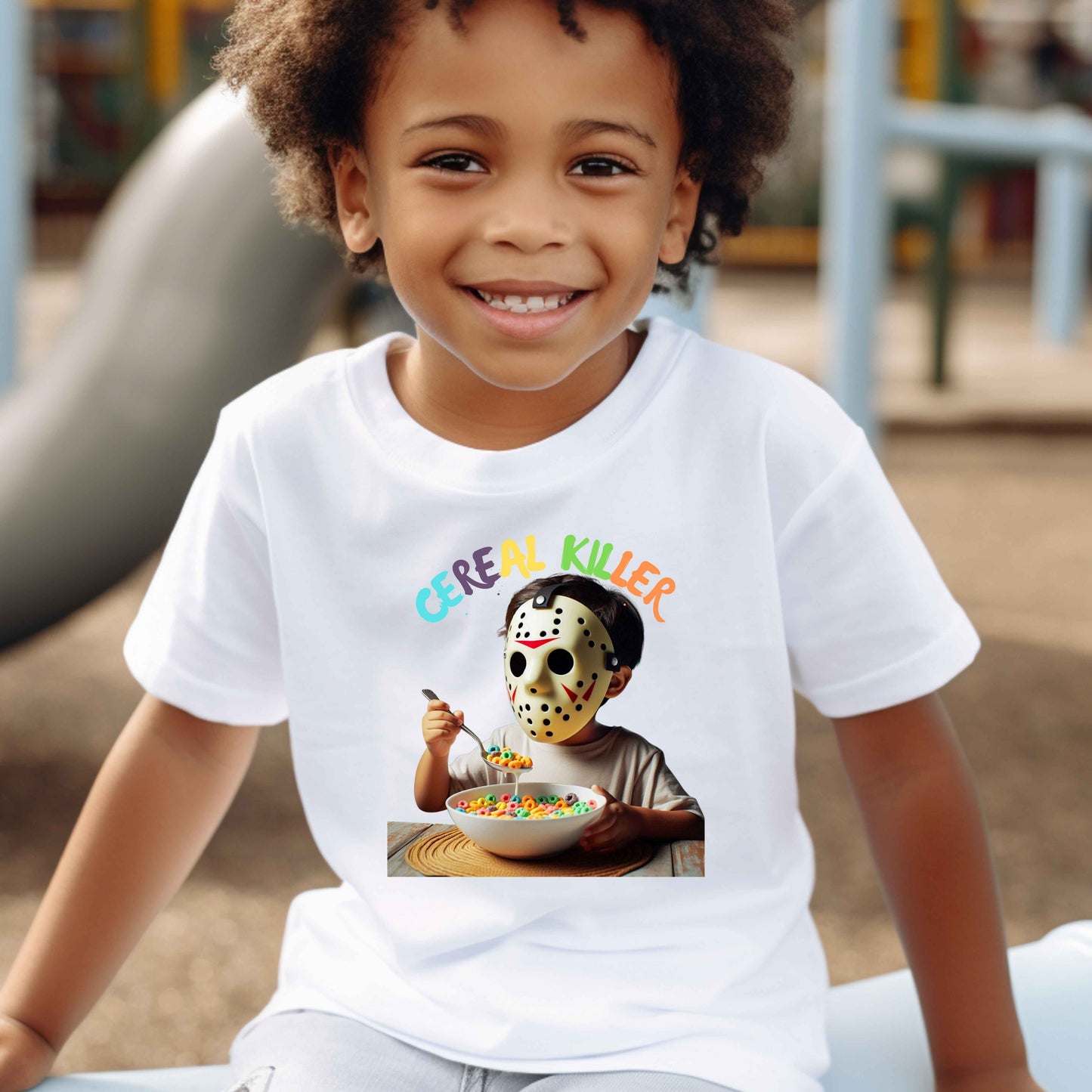 Cereal killer, boy with mask eating cereal Funny kid .   100% Cotton T-Shirt