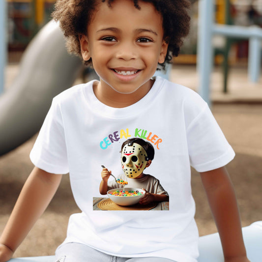 Cereal killer, boy with mask eating cereal Funny kid .   100% Cotton T-Shirt