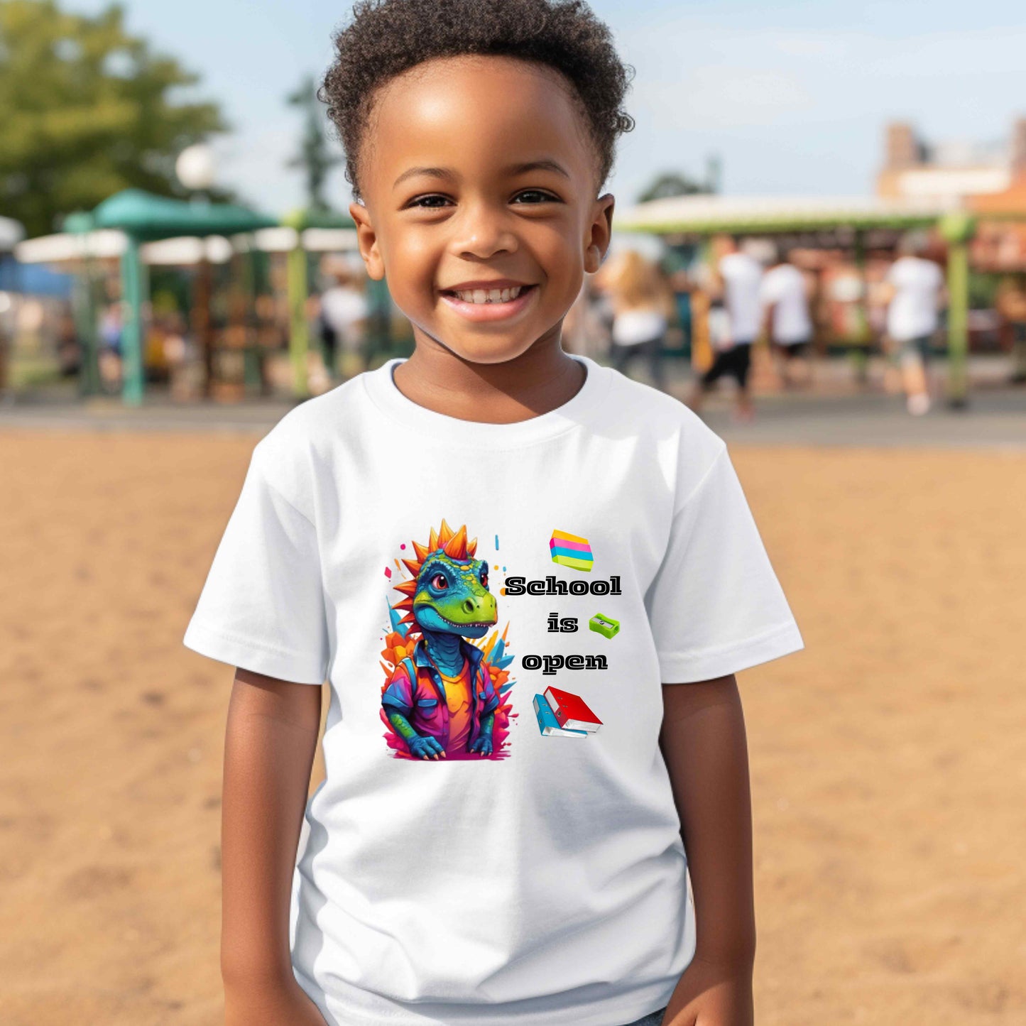 Dinasaur with spiked hair, School is Open.00% Cotton T-Shirt