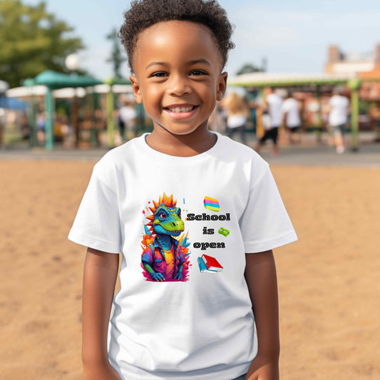 Dinasaur with spiked hair, School is Open.00% Cotton T-Shirt