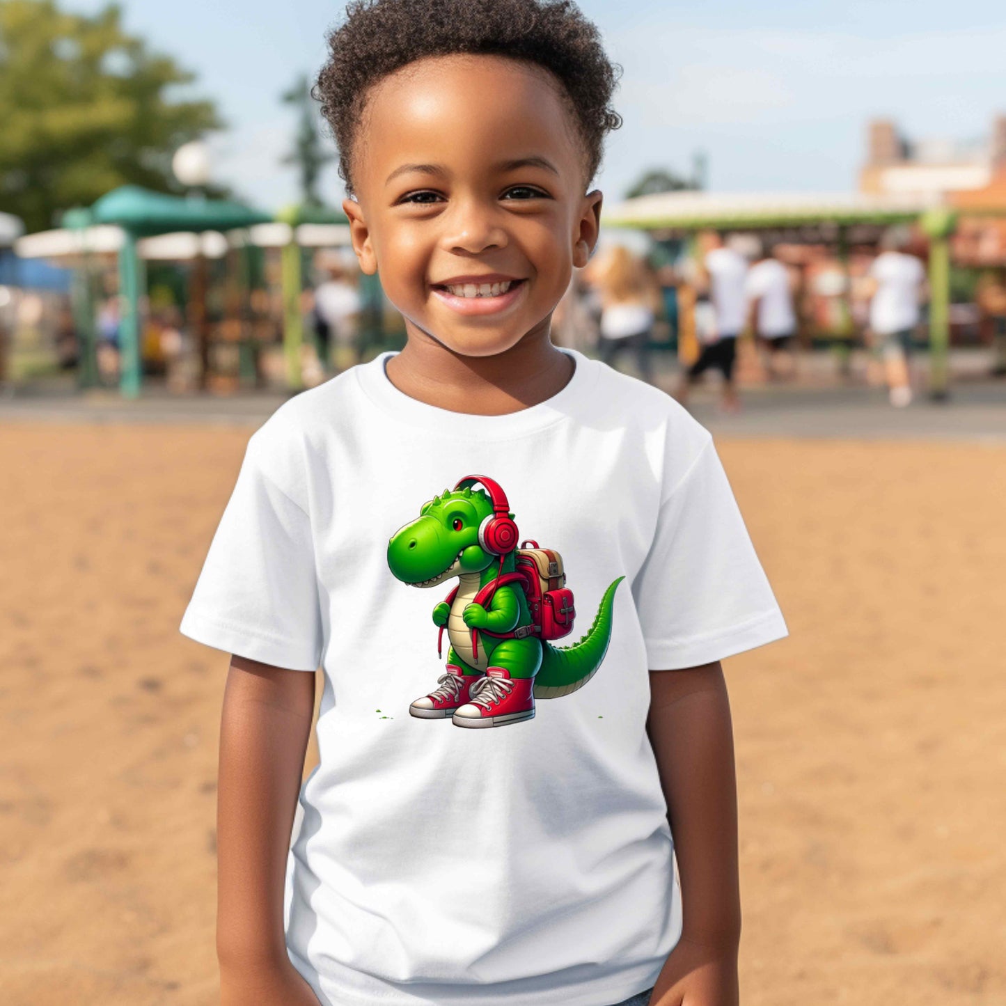 Dinasaur with headphones, backpack and high top tennis.  Back to school T-Shirt