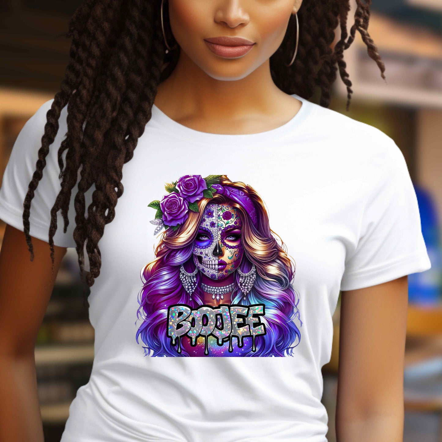 Skelton half faced bojee lady.  T-Shirt