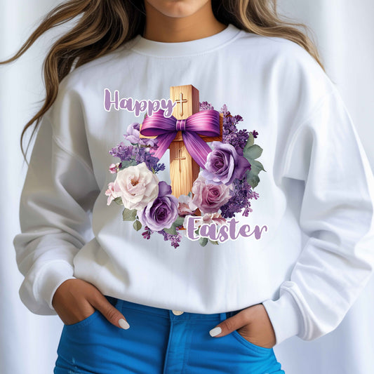 HAPPY EASTER FLOWERS, BOW AND CROSS.   Crewneck Pullover Sweatshirt